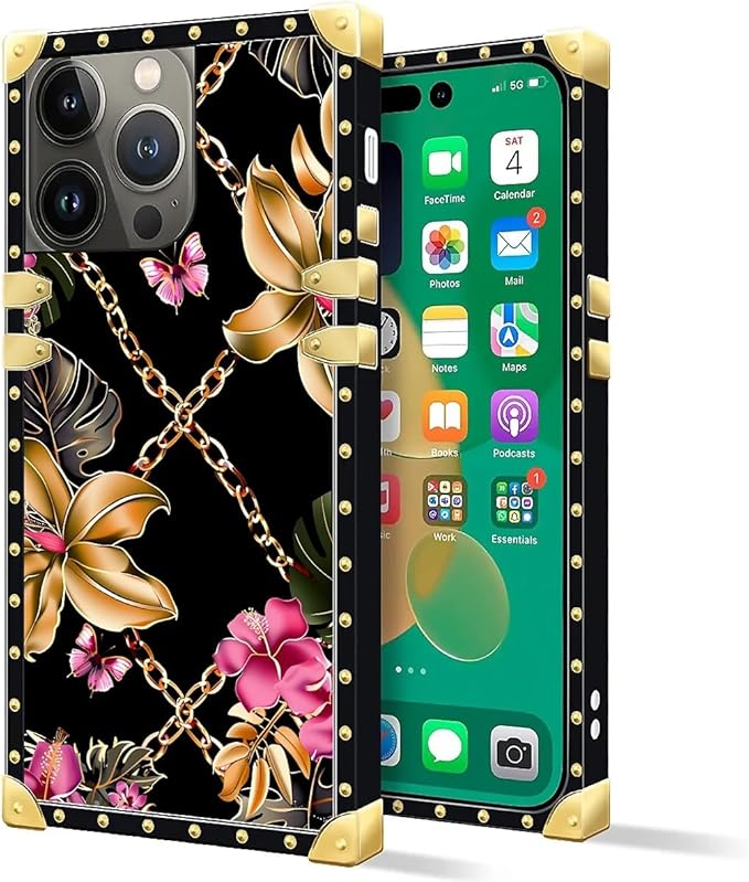 Compatible with iPhone 14 Pro Case, Pink Golden Chain Tropical Flower Luxury Golden Decoration for Girl Women Soft TPU Shockproof Protective Hard PC Back for iPhone 14 Pro