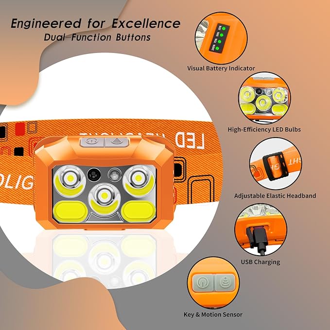 Headlamp Rechargeable LED, 800 Lumens with Red & White Light, 8 Modes, Motion Sensor, USB-C Charging, IPX4 Waterproof (1, Orange)