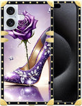 Compatible with iPhone 16 Plus Case, High Heeled Purple Diamond Rose Luxury Golden Decoration for Girl Women Soft TPU Shockproof Protective Hard PC Back for iPhone 16 Plus