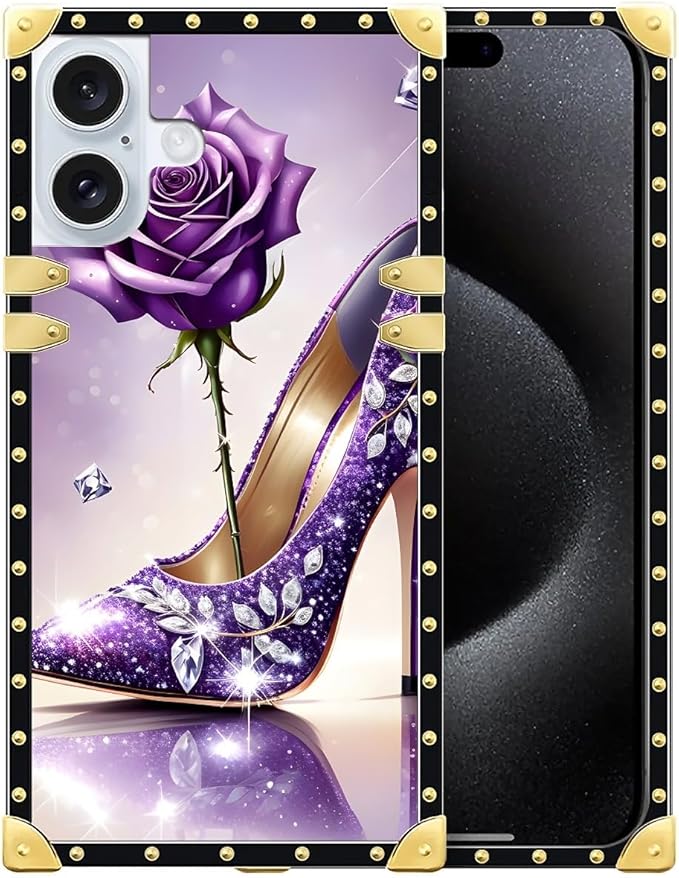Compatible with iPhone 16 Plus Case, High Heeled Purple Diamond Rose Luxury Golden Decoration for Girl Women Soft TPU Shockproof Protective Hard PC Back for iPhone 16 Plus