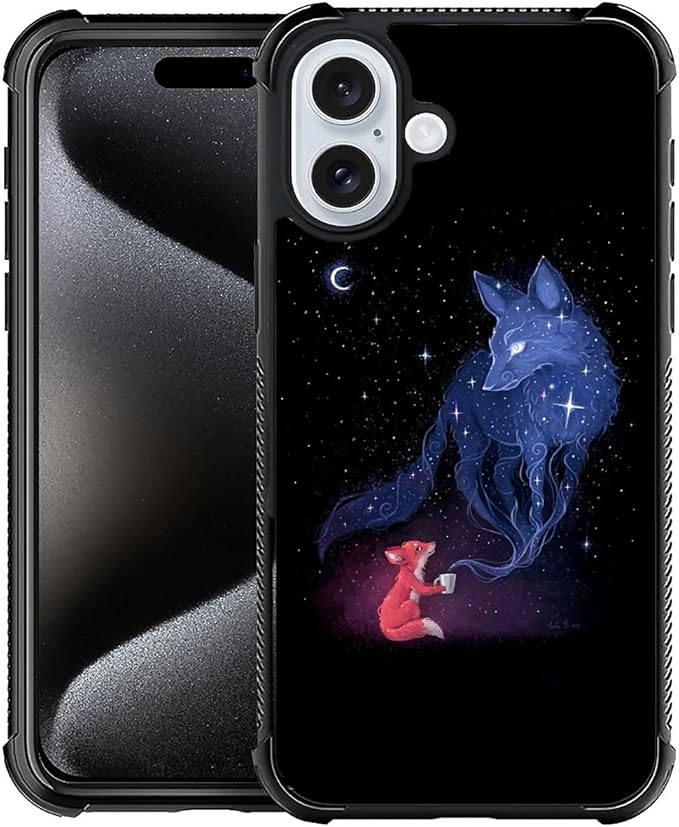 for iPhone 16 Case, Galaxy Fox Wolf Pattern Graphic Design Girl Boy Soft Silicone Hard Acrylic Shock Protection for iPhone 16