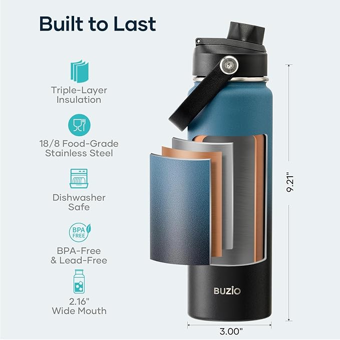 BUZIO Insulated Water Bottle with Straw Lid and Flex Cap, 24 oz Modern Double Vacuum Stainless Steel Water Flask, Cold for 48 Hrs Hot for 24 Hrs Simple Thermo Canteen Mug, Indigo Black
