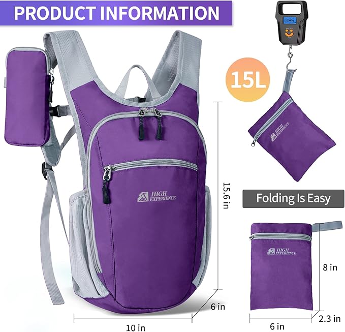 Hiking Backpack 10L/15L Small Daypack Lightweight Packable Travel Foldable Water Resistan for Women Men (Deep Purple, 15L)