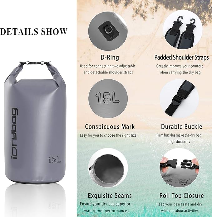 IDRYBAG Dry Bag for Kayaking Waterproof 2L/5L/10L/15L/20L, Small Dry Sack Waterproof Bag for Boating