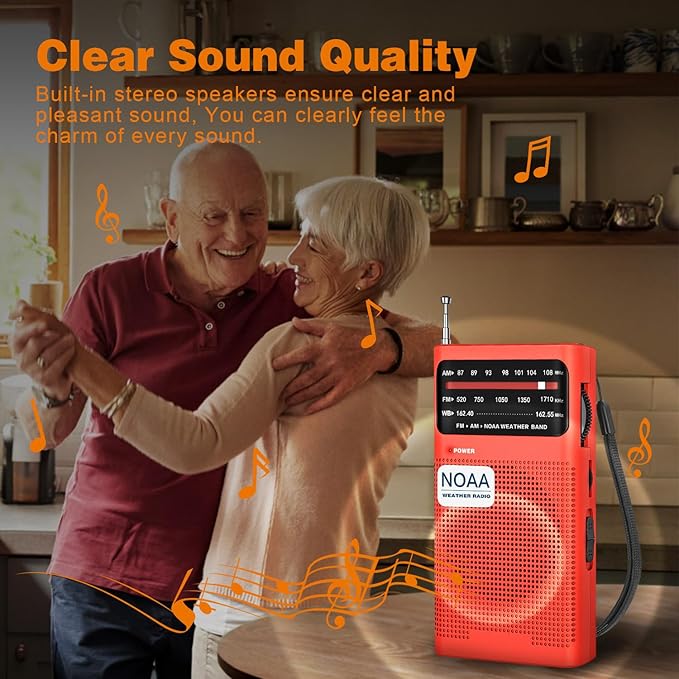 Goodes NOAA Weather Radio, AM FM NOAA Emergency Radio Portable with Best Reception, Headphone Jack, Powered by 2 AA Battery, Transistor Radios Battery-Operated for Emergency, Hurricane, Home(Red)