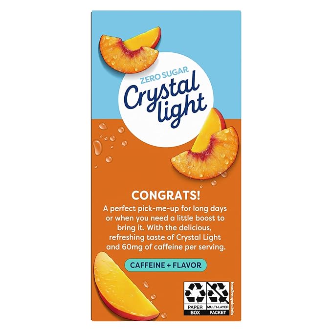 Crystal Light On The Go Peach Mango With Caffeine Drink Mix, 10-Packet Box, 0.7 OZ (Pack of 3)