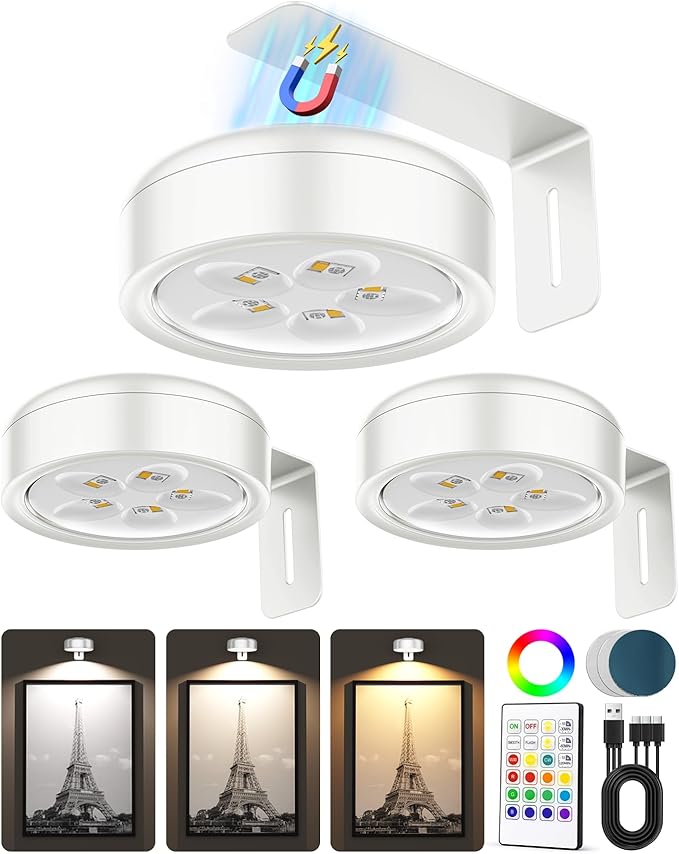Picture Lights for Wall,Wireless 2000mAh Rechargeable Magnetic LED Puck Lights with Remote,3 Color Temps and 12 RGB,Dimming & Timer,Art Frame Light for Painting Display,Photos,Wall Decor(3 Pack)