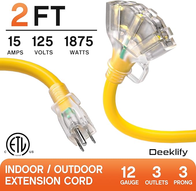 2 ft 12 Gauge Heavy Duty 3 Outlet Extension Cord Splitter with Indicator, Waterproof Outdoor Extension Cord with Multiple Outlets, 15A 1875W for Workshop, ETL Listed, Yellow SJTW, 2 pcs