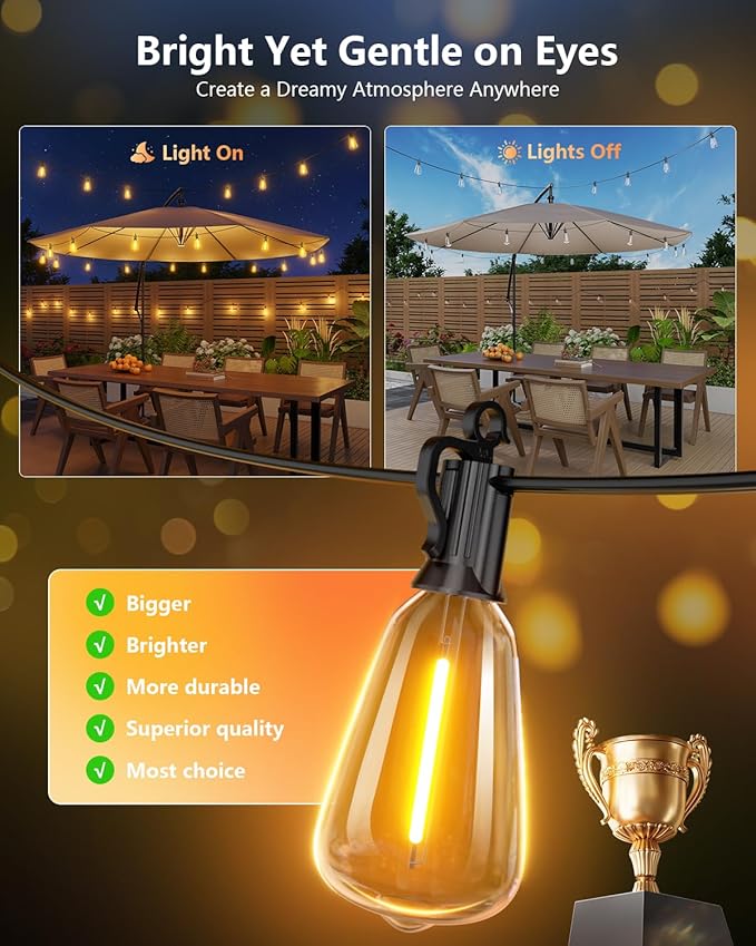 Brightown 151FT Solar String Lights Outdoor Waterproof with Remote, 48+2 LED Shatterproof Bulbs, Dimmable & Timable, 3 Light Modes - Commercial Grade Patio Lights for Garden Backyard Party Decor