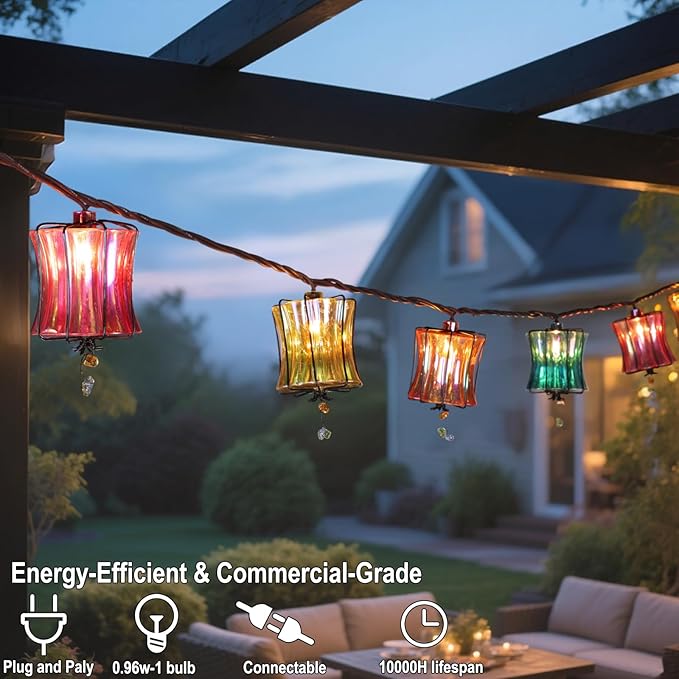TWINKVILLA Outdoor String Lights Plug in with 10 Incandescent Bulbs, Multicolor Patio Lights Connectable Weatherproof Decorative Lantern String Lights for Gazebo Porch Bedroom Cottagecore Decor