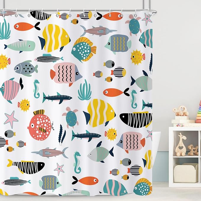 Kid Shower Curtain, Colorful Cartoon Tropical Fish Ocean Beach Theme Bath Curtain Waterproof Fabric Machine Washable with Hooks, 60" Wx72 L