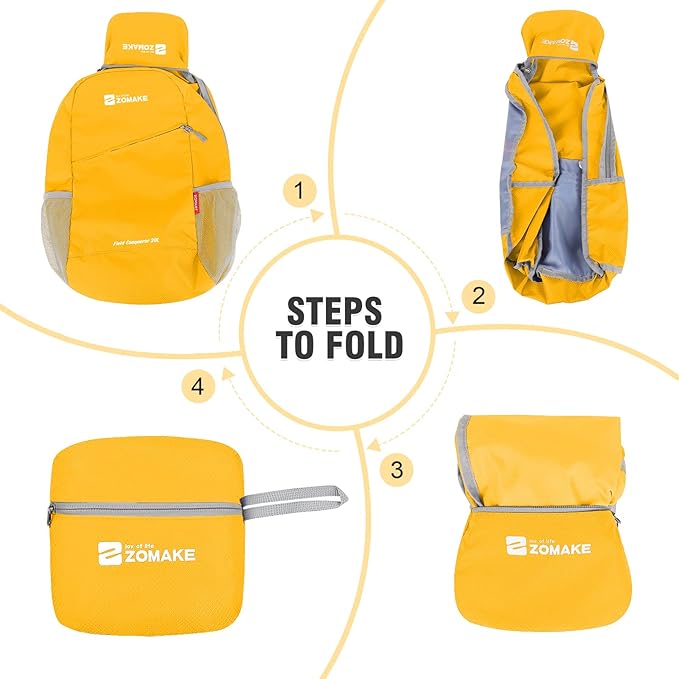 ZOMAKE Lightweight Packable Backpack 20L, Foldable Backpacks Small Daypack for Hiking Water Resistant Day Bag for Travel(Yellow)