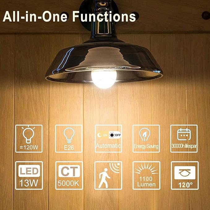 MikeWin Motion Sensor Light Bulbs Outdoor 2 Packs 13W(100W Equivalent) Security LED Bulb, Indoor E26, A19, 5000K Daylight Dusk to Dawn Bulb for Garage Front Door Porch Stairs Hallway