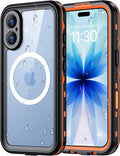Red2Fire for iPhone 17 Case Waterproof, [Built-in Screen Protector & Camera Protector][Compatible with MagSafe][Full Body Shockproof][IP68 Waterproof][Dustproof] Phone Case 6.3" Orange/Clear