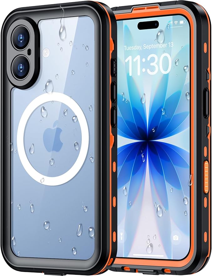 Red2Fire for iPhone 17 Case Waterproof, [Built-in Screen Protector & Camera Protector][Compatible with MagSafe][Full Body Shockproof][IP68 Waterproof][Dustproof] Phone Case 6.3" Orange/Clear