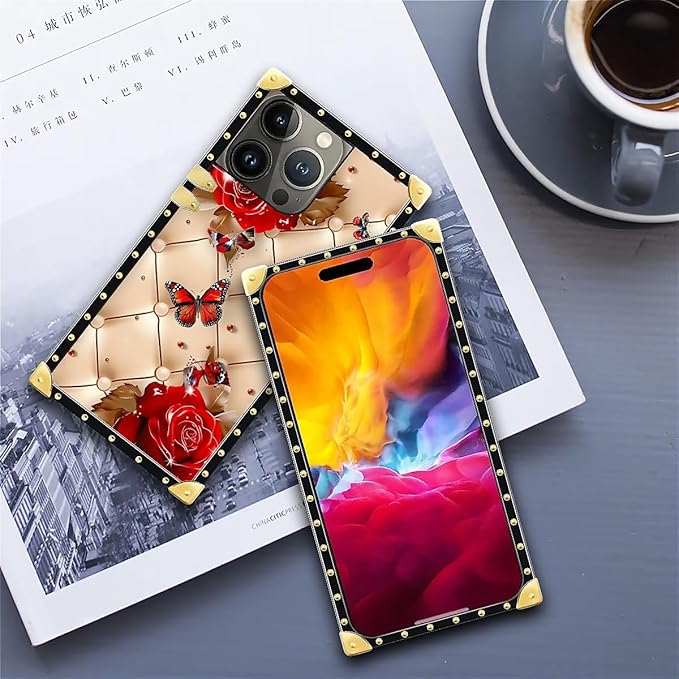 Compatible with iPhone 15 Pro Max Case, Shining Red Rose Butterfly Leather Background Luxury Golden Decoration for Girl Women Soft TPU Shockproof Protective Hard PC Back