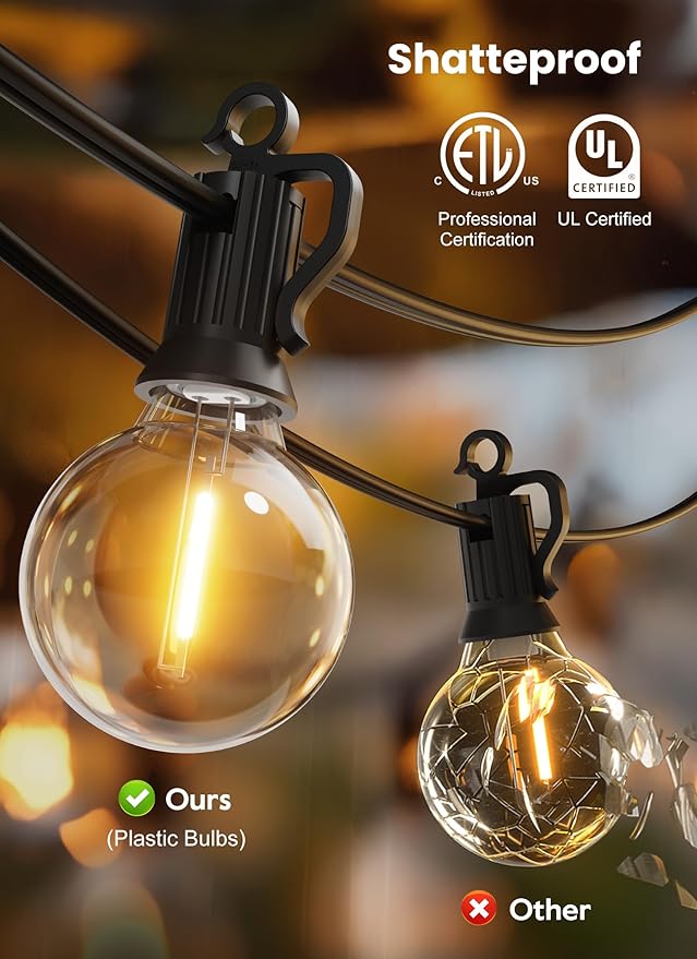 Brightown 30FT LED Outdoor String Lights, Plug-in Waterproof Patio Lights with 25 Shatterproof Bulbs, Warm White Outdoor Hanging Light Decor for Backyard Deck Garden Bistro Porch Party