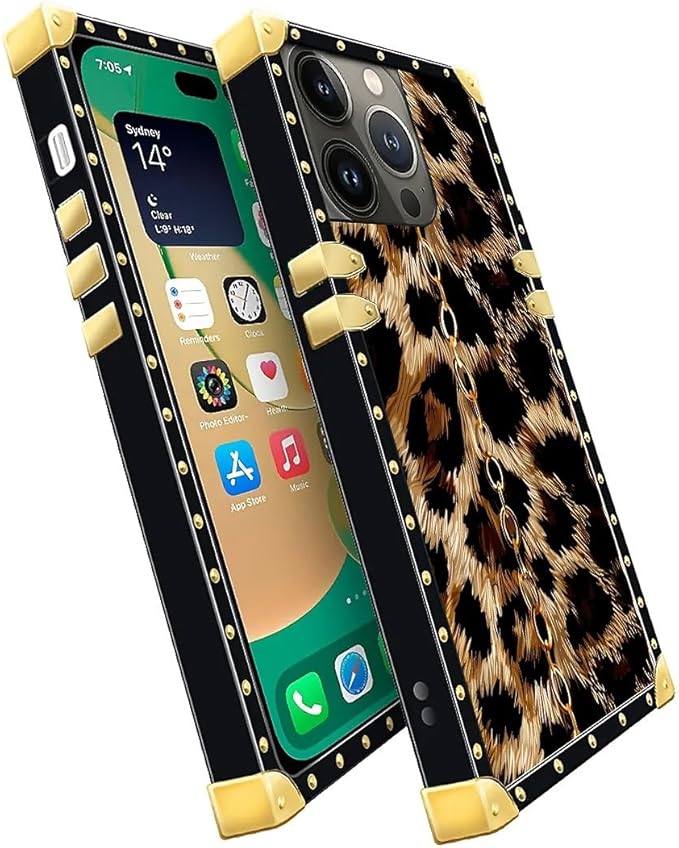 Compatible with iPhone 14 Pro Case, Seamless Gold Chain Leopard Luxury Golden Decoration for Girl Women Soft TPU Shockproof Protective Hard PC Back for iPhone 14 Pro