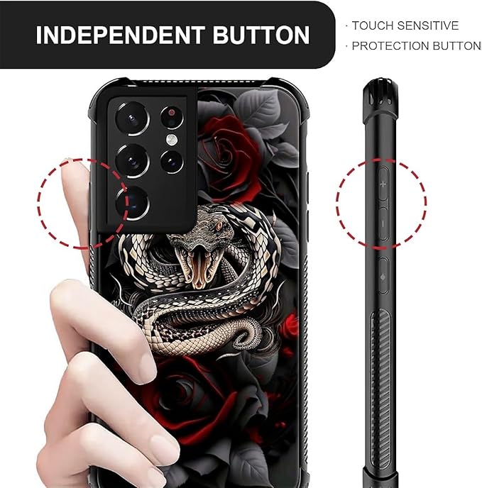 for Samsung Galaxy S21 Ultra Case, Entwined Rose Snake Pattern Graphic Design Girl Boy Soft Silicone Hard Acrylic Shock Protection for Samsung Galaxy S21 Ultra
