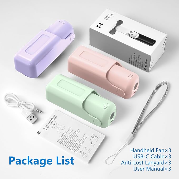 VanSmaGo 3 Pcs Portable Handheld Fans, 3 IN 1 USB-C Rechargeable [10H Working time] Mini Fan with 3 Speed, Flashlight, Lanyard, Folding Personal Fan, Gifts for Women Men Girls Kids, Purple&Pink&Green