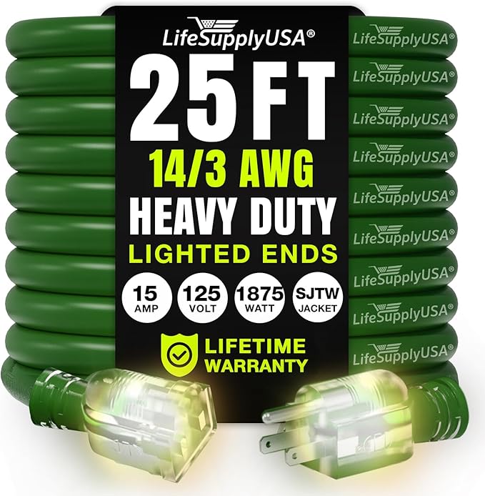 25ft Outdoor/Indoor Extension Cord 14/3 Gauge Heavy Duty 3 Prong SJTW, Waterproof, Flexible Cold-Resistant Long Power Cord,15A 125V 1875W, Green by LifeSupplyUSA