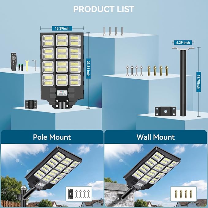 VOOJOY 8000W Solar Street Lights Outdoor Waterproof, Dusk to Dawn Solar Lights Outdoor, LED Flood Security Light with Motion Sensor and Remote Control for Yard, Parking Lot, Garage, Street, 3 Pack