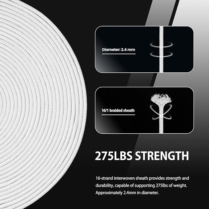 Abma Cord 2.4mm Paracord 275 100ft Nylon Rope 4 Strands Tactical Parachute Cord - Max. 275lbs - White