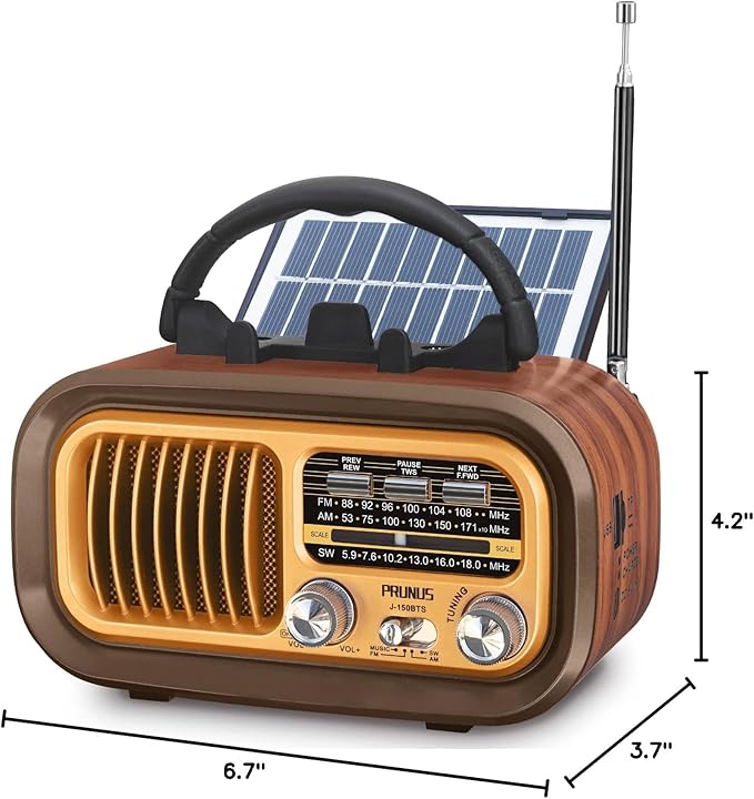 PRUNUS J-150 Portable Radio AM FM SW Bluetooth Speaker, Gifts for Dad and Mom, Retro Radios Vintage Transistor with Best Sound, Solar/D Battery Operated/USB Charging, TWS, Support TF Card/USB Playing