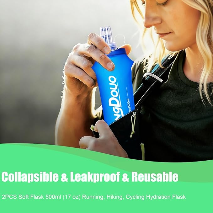 2PCS Running Vest Soft Flask, BPA-Free Soft Flasks 17oz/500ml TPU Collapsible Water Bottle for Hydration Backpack, Folding Running Water Bottles for Marathon Hiking Cycling Climbing