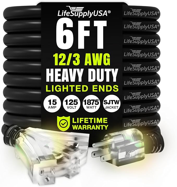 6ft Outdoor/Indoor Extension Cord 3-Outlet 12/3 Gauge Extra Heavy Duty 3 Prong SJTW, Waterproof, Flexible Cold-Resistant Long Power Cord,15A 125V 1875W, Black by LifeSupplyUSA