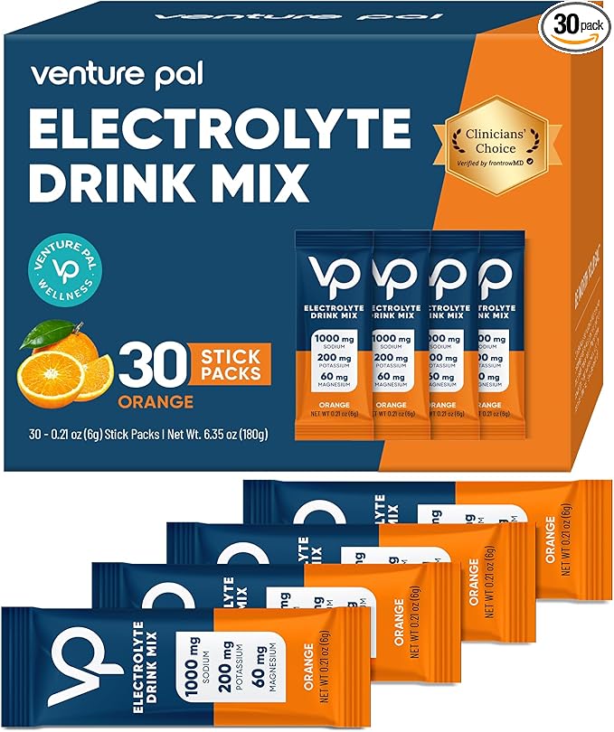 Venture Pal High Sodium Sugar Free Electrolytes Powder Packet - Hydration Packets with Vitamin, Sodium & Potassium | Zero Calories | Vegan, Keto & Paleo Friendly Electrolyte Drink Mix - 30 Sticks