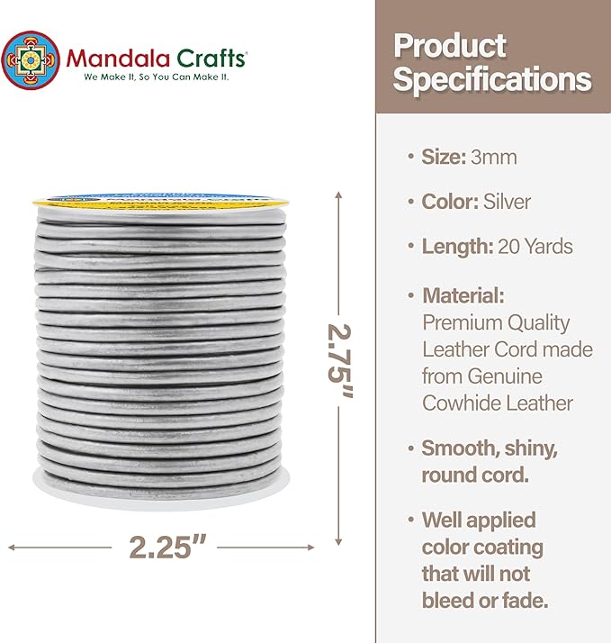 Mandala Crafts Round Genuine Silver Leather Cord for Jewelry Making – 3mm Cowhide Leather Rope String Lace for Kumihimo – 20 Yards Cowhide Craft Cording Spool