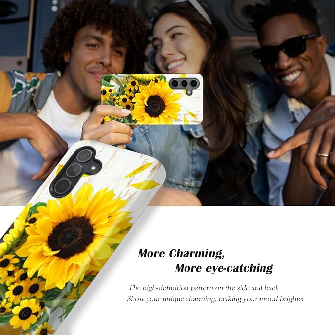 Compatible for Samsung Galaxy A15 5G Case, Dual Layer Heavy Duty 2 in 1 Shockproof Protective Phone Case,Wood Grain Sunflowers
