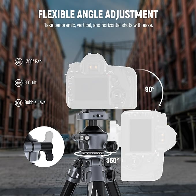 NEEWER LITETRIP LT07 61" Aluminum Travel Camera Tripod, Portable Stand with Ball Head Dual Axis Cell Phone Holder Arca QR Plate Compatible with iPhone for Video Recording, Max Load 22lb