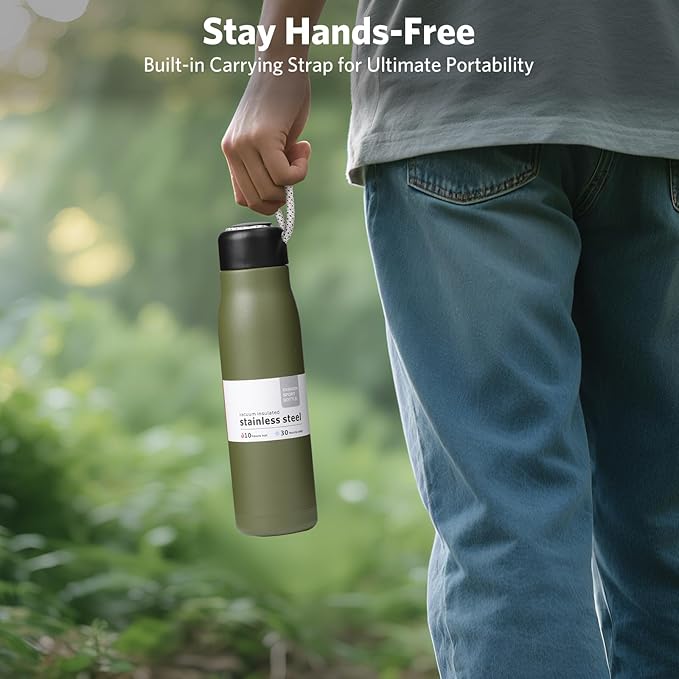 Small Water Bottle, Dusgut Insulated Water Bottle, Stainless Steel, Wide Mouth Portable Lid, 17 oz, Army Green