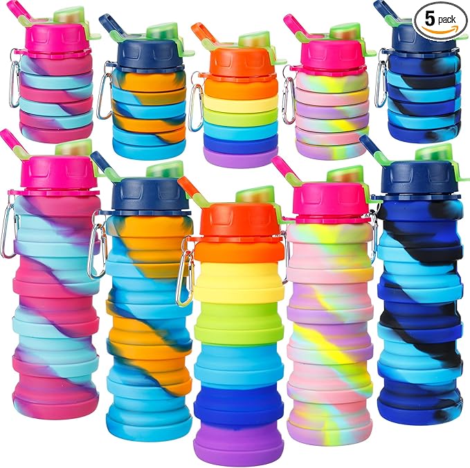 5 Pcs Collapsible Water Bottles 16 oz Portable Foldable Water Bottles Silicone Leak Proof Travel Water Bottle Reusable Sports Water Bottle with Metal Clip for Camping Hiking Travel(Mixed Color )