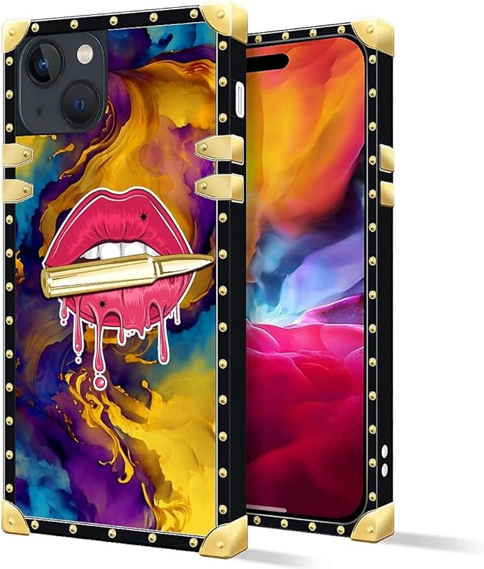 Compatible with iPhone 15 Case, Cool Corlorful Lip Marble Luxury Golden Decoration for Girl Women Soft TPU Shockproof Protective Hard PC Back for iPhone 15