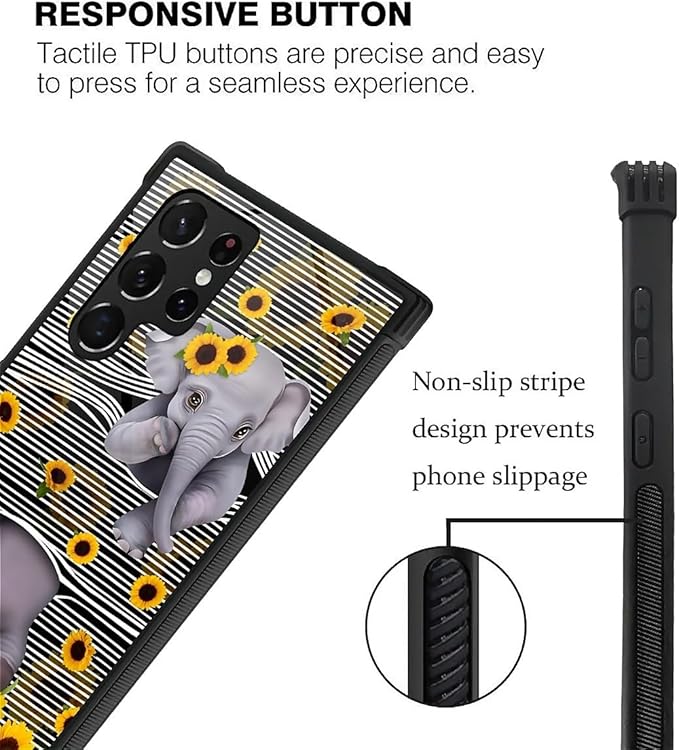 for Samsung Galaxy S23 Ultra Case, Cute Little Elephant Sunflower White Line Art Pattern Graphic Design Soft Silicone Hard Acrylic Shock Protection for Samsung Galaxy S23 Ultra