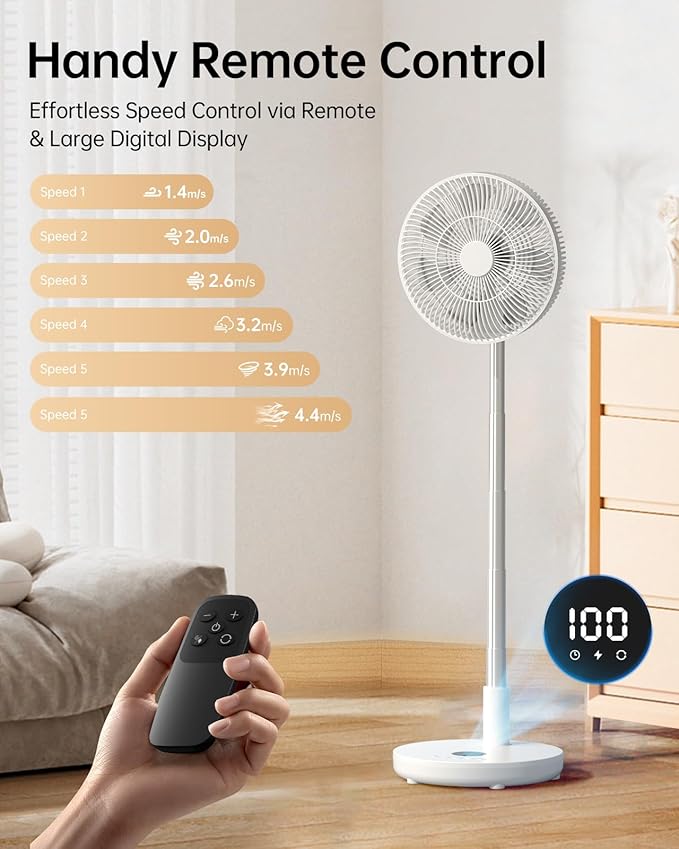 TriPole Oscillating Fan Portable Quiet Standing Fan with Remote, 12" Rechargeable Pedestal Fans for Bedroom Office, Foldable Battery Powered Travel Fans, Adjustable Height, 8H Timer, 6 Speeds, 44.4Wh