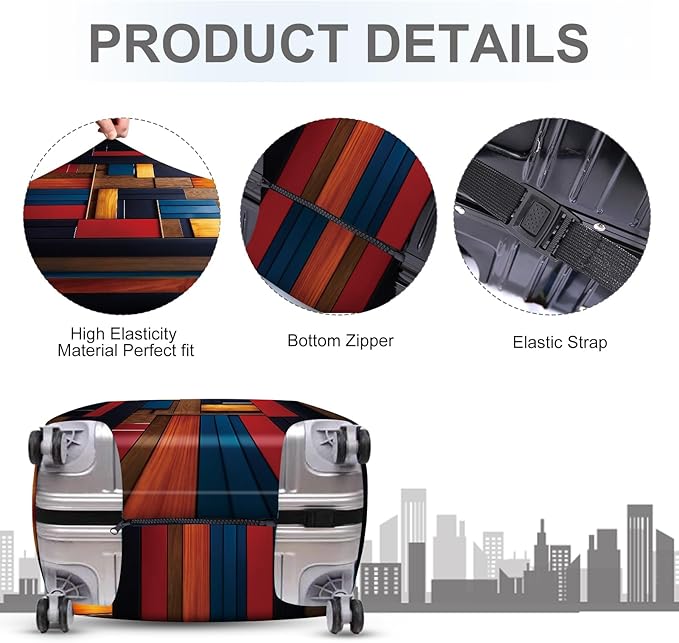 ANNA QUEEN Modern Geometric Wood Luggage Cover, Abstract Panel Suitcase Protector for 32-34 Inch Luggage