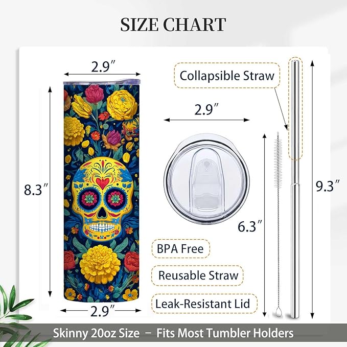 Firmiso 20 oz Tumbler | Insulated Skinny Travel Mug with Leak-proof Lid and Telescopic Straw | Sugar Skull Stainless Steel Hot & Cold Cup | Skull Floral Inspired Gifts for Women and Men