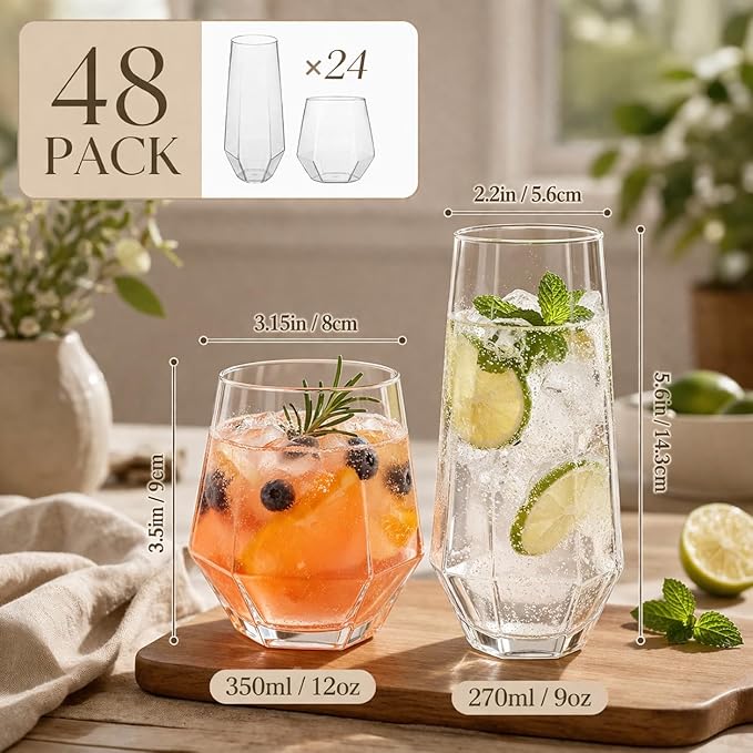 Oojami 48 Pack Diamond Clear Unbreakable Stemless Plastic Glasses 24 9oz Stemless Champagne Flutes & 24 12oz Cups BPA-Free, Disposable, Shatterproof Drinkware for Weddings, Bars, Events, and Parties