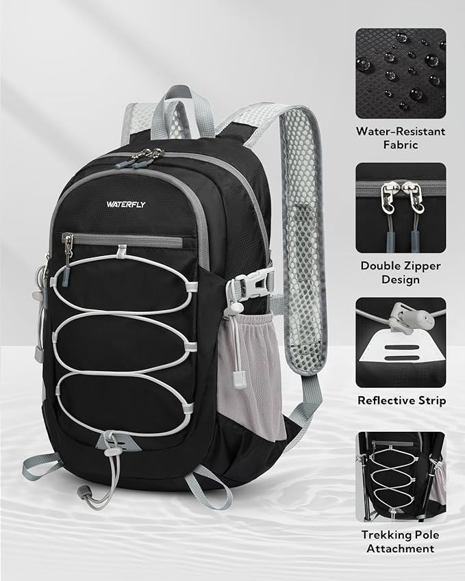 WATERFLY Small Lightweight Packable Backpack: 15L Mini Ultra Light Foldable Travel Daypack with Breathable Shoulder Strap Outdoor Hiking Camping Day Pack for Women Men Black