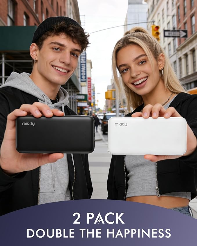 Miady 2-Pack Portable Charger, Slim 10000mAh Power Bank Travel Battery Pack 3 Outputs 2 Inputs Compatible with iPhone 17/16/15/14/13 Galaxy S24/22 iPad Android etc (2 Black)