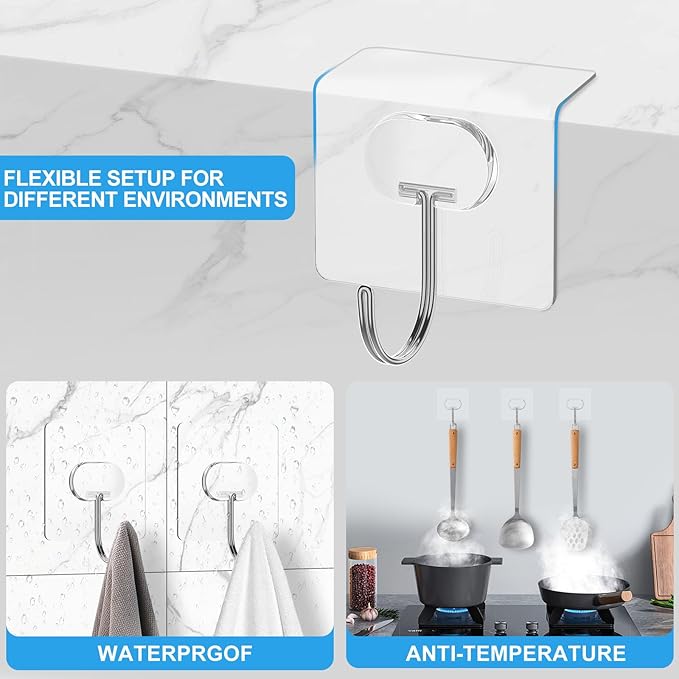 JINSHUNFA Adhesive Wall Hooks 13LB Heavy Duty No Drill Large Transparent Waterproof Hooks for Bathroom Kitchen Towel Coat 12 Pack