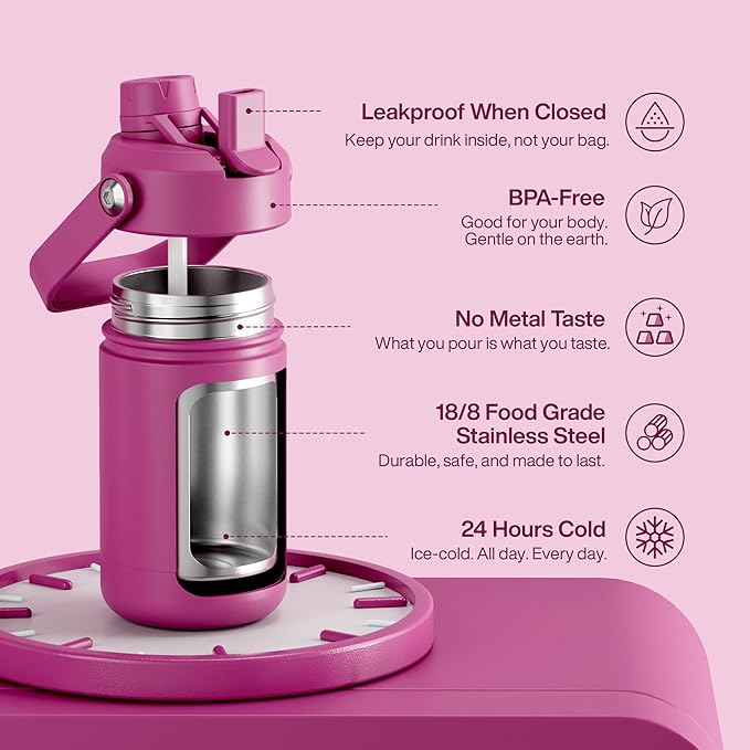 Kids Insulated Water Bottle with Straw - 12oz Stainless Steel Water Bottle with Dual Spouts, Leak-Proof, BPA-Free, Double Wall Vacuum Keeps Cold for 24 Hours for Sports, Travel, School (Turkish Rose)