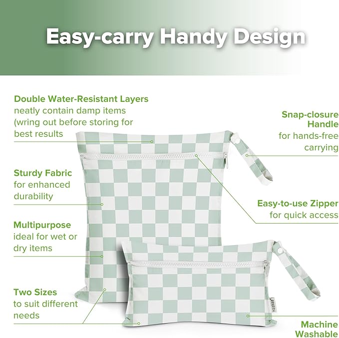 haakaa Water Resistant Wet Bags for Baby Wet Dry Bags for Cloth Diaper, Reusable Wet Bags for Baby Items, Swimsuit & Travel, 2pcs, Checkered Days