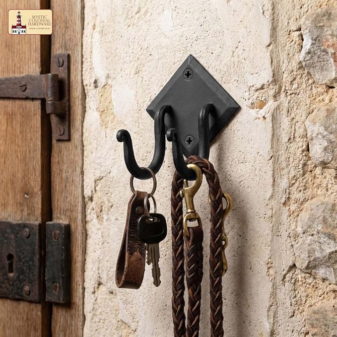 Mystic Colonial Rustic Hand Forged Iron Wall Hook with Two Hangers: Ideal for Victorian, Colonial, Retro, Steampunk, Gothic, and Baroque Settings 8.8 cm Black Pack of 1