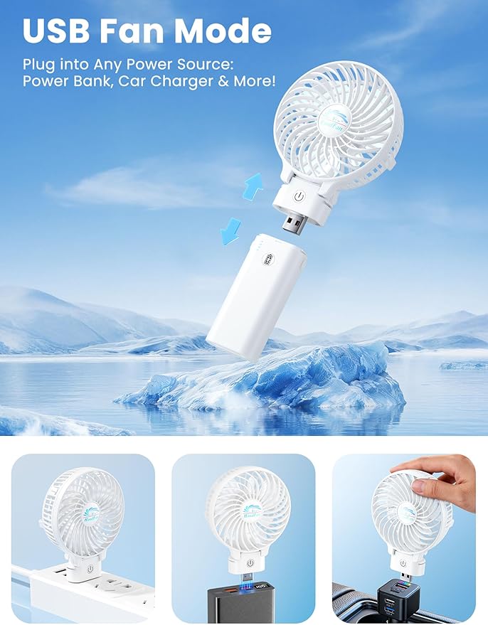 HandFan 5200mAh Portable Handheld Fan - 3 Speeds, 180° Foldable, Rechargeable Personal Cooling Fan, 20H Long Runtime for Travel, Disney, Games, Park, Concerts, Summer & Outdoor Use (White)