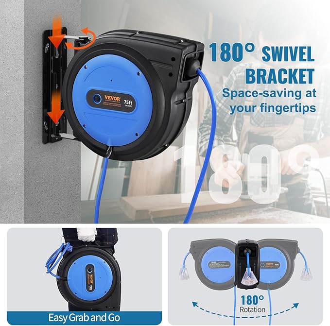 VEVOR 75FT Retractable Extension Cord Reel, 14AWG/3C SJTOW Heavy Duty Power Cord w/Lighted Electrical Triple Tap Outlets, 13A Circuit Breaker,180° Swivel Bracket for Workshop or Garage, Blue